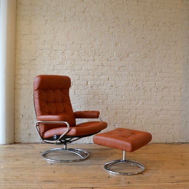 Ekornes Stressless Danish High-End Recliner Chair w/ Rust Lthr / Chrome