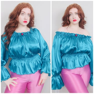 1970s Vinage Anna Konya Teal Liquid Silk Peasant Blouse / 70s / Seventies Jewel Tone Peplum Waist Shirt / One Size 
