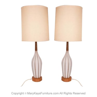 1960s Tall Mid Century Modern Walnut Ceramic Table Lamps Pair 