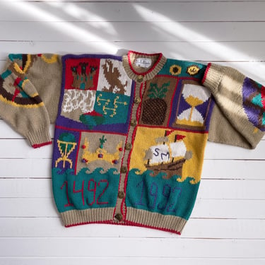 Belle Pointe sweater 90s vintage Christopher Columbus ship novelty print hand knit cardigan 