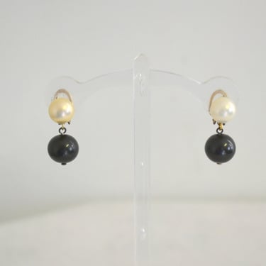 Vintage Faux Pearl and Black Bead Dangle Clip Earrings 