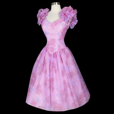 Vintage 80s Lavender Purple Pink Pastel Floral Chiffon Ruffle Prom Party Dress S Small M Medium House of Bianchi Homecoming HoCo Dance Queen 