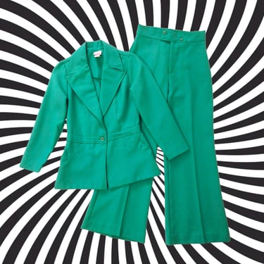 Cool Vintage 60s 70s Mint Teal 2-Piece Blazer and Pants Suit Set 