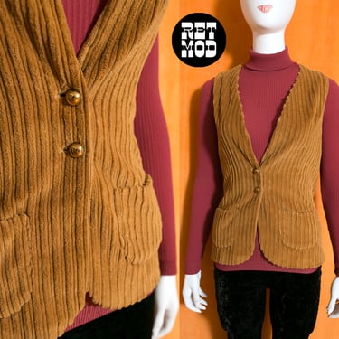 Chic Vintage 60s 70s Warm Brown Corduroy Velvet Vest with Pockets 