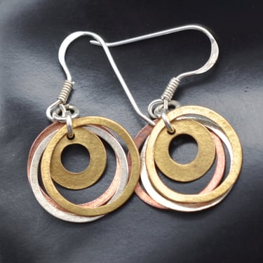 Swinging 70's mixed metal wavy circle dangles, hip 925 sterling silver copper & brass geometric earrings 