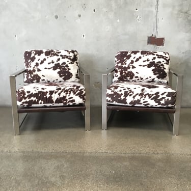 Pair of Broyhill Modern Stainless Lounge Chairs in Cow Print Upholstery