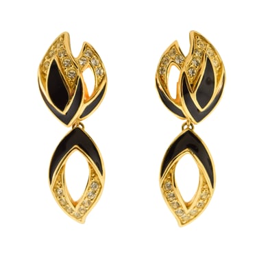 Christian Dior Vintage Golden Black Enamel Rhinestone Leaf Dangle Earrings