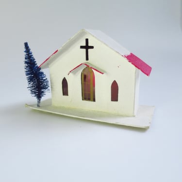 Vintage Putz Church, Mini Cardboard Village House, Mid-Century Christmas 