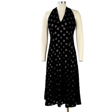 90s Burnout Velvet Black Halter Dress XS, Retro Bombshell Polka Dot Fit and Flare Cocktail Dress, 1990s Clothes Women Vintage JEFFREY & DARA 