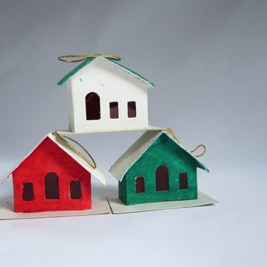 Mid-Century Shiny Brite Ornaments, Tiny Putz House Decorations made in Japan, Mini Putz Village 