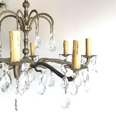 Antique Chandelier Brass + Crystal 1930s 1940s Hollywood Regency 8 Light 8 Arm Italian French Vintage Chandelier Gold Hanging Light 