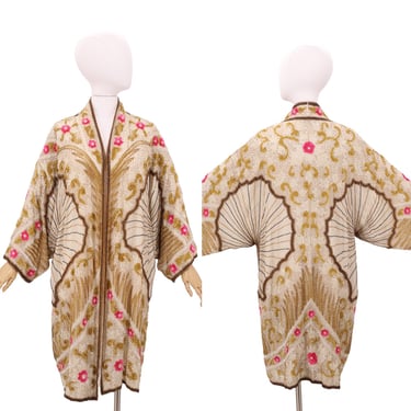80s does 20s beaded flapper coat L / Vintage GUNIT Fashions silk Deco 1920s style opera coat duster XL 
