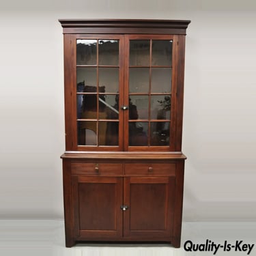 19th Century Antique Cherry Wood Cupboard Hutch China Cabinet with Wavy Glass
