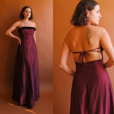 Vintage 90s Strapless Gown with Faux Fur Trim and Open Lace Up Back/ Size Medium 