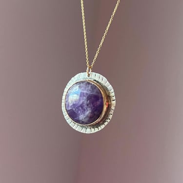 Big Amethyst Amulet Pendant in sterling and gold filled handmade circle necklace 