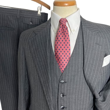 Vintage 1970s CRICKETEER Wool Chalk Stripe 3pc Suit ~ 38 Long ~ vest / waistcoat ~ pants / jacket / sport coat ~ Preppy / Ivy / Trad 