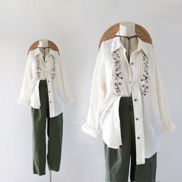 embroidered long sleeve top - l - vintage 90s y2k womens size large ivory cream floral button shirt blouse 