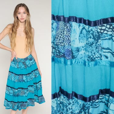 Blue Tiered Skirt Y2k Midi Skirt Abstract Animal Print Ribbon Trim Hippie Skirt Flowy Festival Summer Cotton Vintage 00s Small Medium Large 