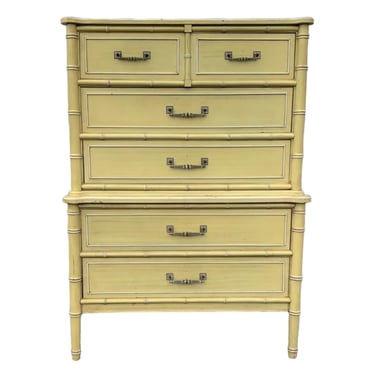 Henry Link Bali Hai Tallboy Dresser - 1970s Vintage Yellow Wash Two Tier Faux Bamboo Chest of 5 Drawers Hollywood Regency Coastal Furniture 