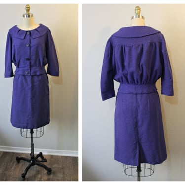 Vintage 50s 1950 Purple Blue Houndstooth plaid Wool Suit Jacket Skirt Set Homemade  // Modern Size US 0 2 Extra Small 