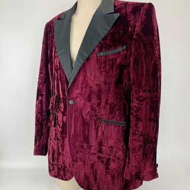 1970'S TUXEDO Jacket - Crushed Burgundy VELVET - Black Satin Notched Collar - by Robert's Formal Wear - Men's Size 40 Long 