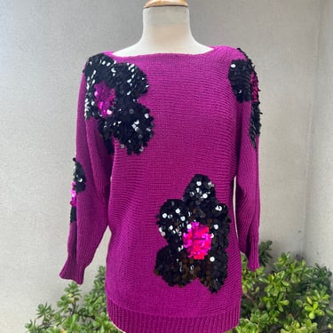 Vintage Lillie Rubin hand knit purple sweater sequins flowers accents Sz M 