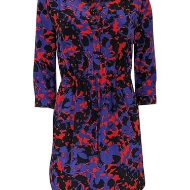 Diane von Furstenberg - Indigo, Red, & Black Print Long Sleeve Dress Sz 0