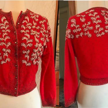 Lush Deep Coral "Gene Shelly's" Hand Beaded Designer Vintage sweater !-- Size Medium 