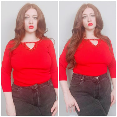 1990s Vintage Cherry Red Cut Out Beaded Stone Knit Top / 90s Bombshell Nylon / Silk Joseph A Shirt / Size Medium 