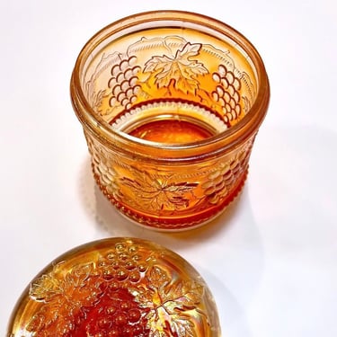 Vintage Northwood Grape & Cable Powder Jar with Cover, Marigold Carnival Glass 