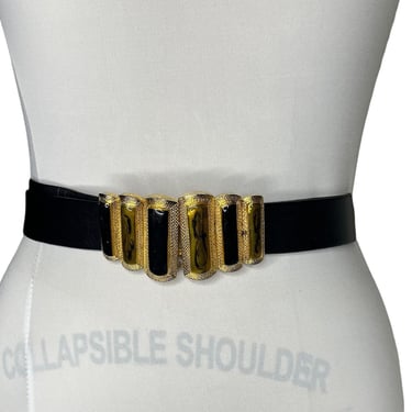 Vintage Douglas Paquette Gold Black Jeweled Leather Adjustable Belt 