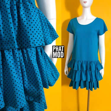 Comfy Cute Vintage 80s Turquoise Blue & Black Polka Dot Dress with Tiered Ruffles 