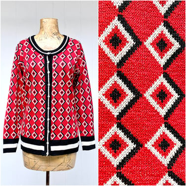 Vintage 1960s Mod Cardigan, Red White and Black Diamond Pattern Sweater by Marbella Knits, Medium 