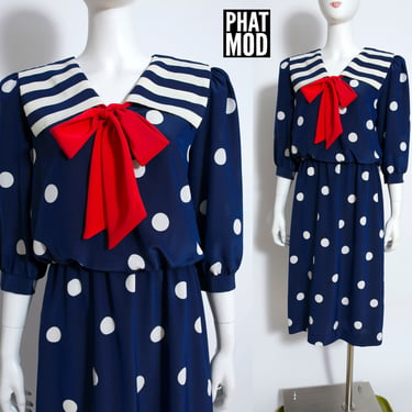Incredible Vintage 80s 90s Navy Blue Polka Dot Nautical Vibes Dress with Red Tie 