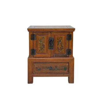 Chinese Distressed Orange Flower Graphic End Table Nightstand cs7821E 