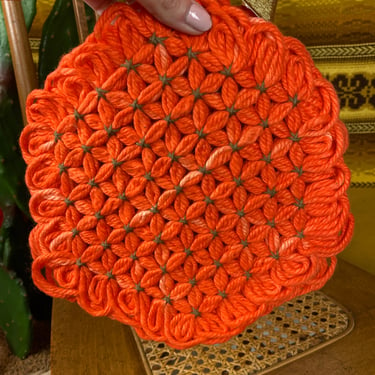 Set of 2 70s Orange Crocheted Pot Holders 