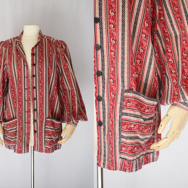 Vintage 1940s-Style Cotton Chore Jacket | M/L | 1970s/1980s Red Striped Bishop Sleeve Smock Jacket 
