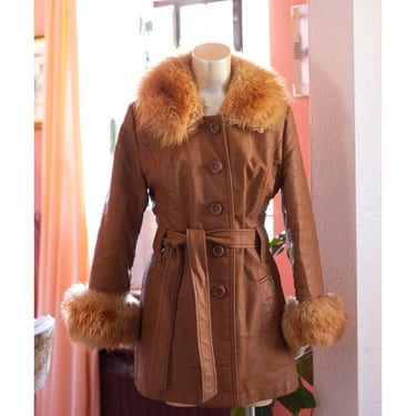 Vintage Penny Lane Coat - 1970s - Faux Leather, Faux Fur Trim - Brown, Tan 