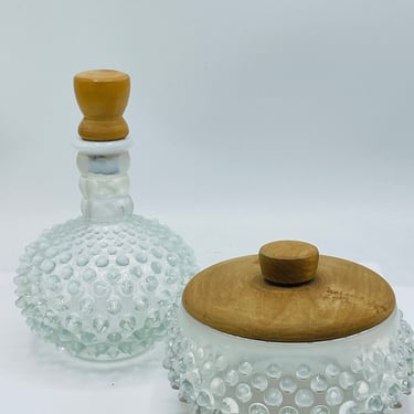 Vintage Lovely Fenton Opalescent Art glass Hobnail Perfume bottle and Dresser Jar- Wooden tops 