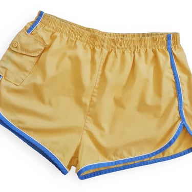 70s shorts / vintage swim shorts / 1970s gold and blue elastic waist swim shorts running shorts Large 
