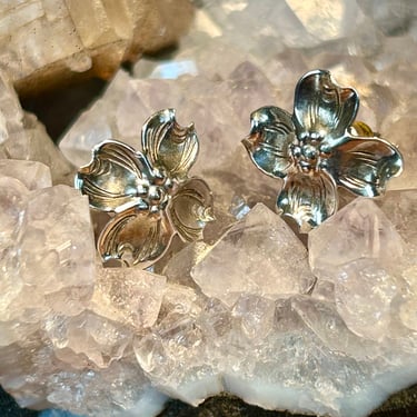 Sterling Silver Dogwood Flower Stud Earrings 925 NYE Handmade Vintage Jewelry  Gift 