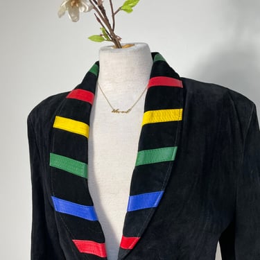 Vintage 1980s 1990s Suede Leather Trim Blazer Jacket Rainbow Primary Color Statement  Fitted Peplum Single Button 