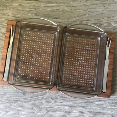 Mid Century Danish Modern Luthje Savoury Set Snack Serving Tray Server Teak and Plastic in Box Made in Denmark 