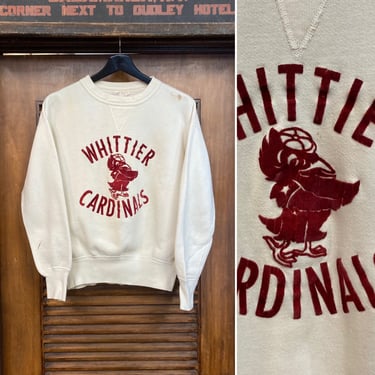 Vintage 1950’s Single-V Flock Print Whittier Cardinals Sweatshirt, 50’s Vintage Clothing 