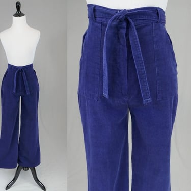 70s Blue Corduroy Flares - 28 waist - Attached Half Belt - All Cotton - High Rise Waisted - Kmart - Vintage 1970s Pants - 30