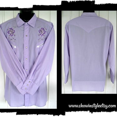 H Bar C, California Ranchwear Vintage Western Men&#39;s Cowboy Shirt, Lavender with Floral Embroidery, Approx. X-Large (see meas. photo) by ShowinStyle