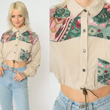 90s Southwest Crop Top Beige Button Up Southwestern Blouse Drawstring Waist Vintage 1990s Aztec Print Boho Hippie Long Sleeve Utility Medium 