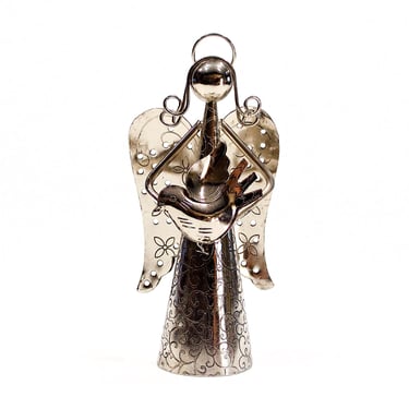 VINTAGE: Large 6.5" Silver Metal Angel Bell Ornament - Holiday Bell - Silver Bell - Angel Holding Bird Bell - SKU 396-00014025 