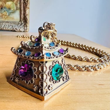 Vintage Crown Trifari Jeweled Pagoda Necklace Asian Rhinestones Bejeweled 