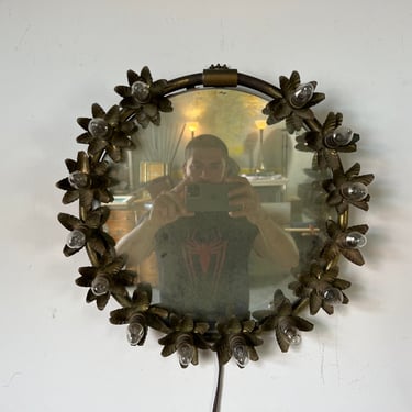 Italian Antique Illuminated Brass Wall Mirror 